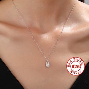 925 Sterling Silver Lock Shaped Simple Necklace Fine Jewelry For Women